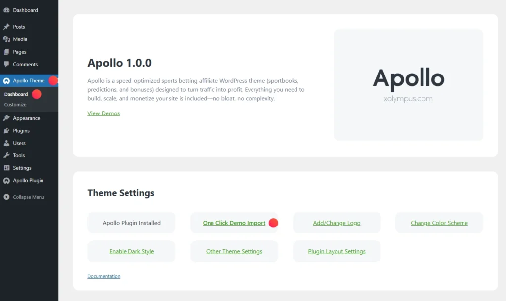 Import demo content for the Apollo theme
